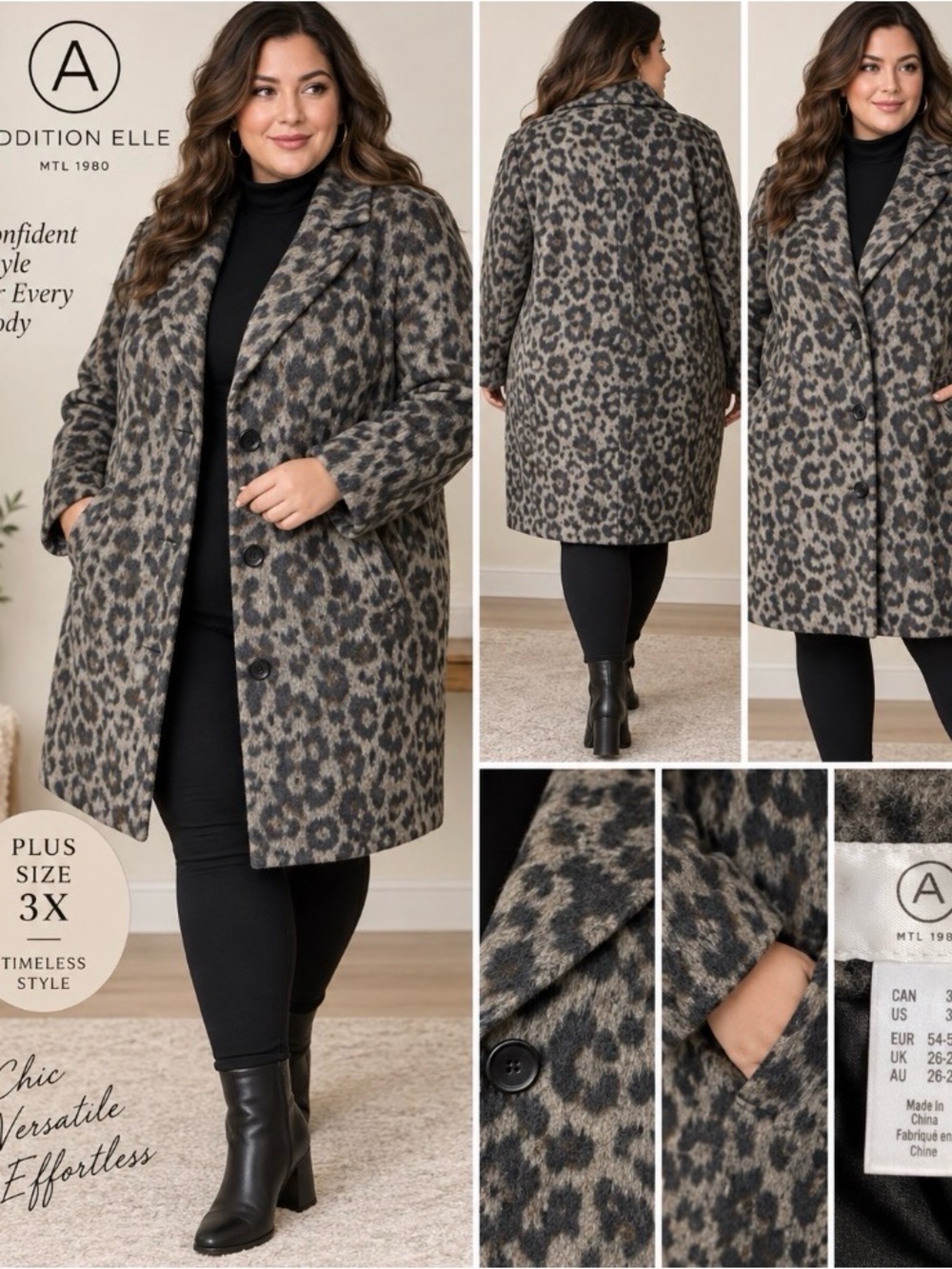 Addition Elle Leopard Print Wool Blend Coat Plus Size 3X 26/28